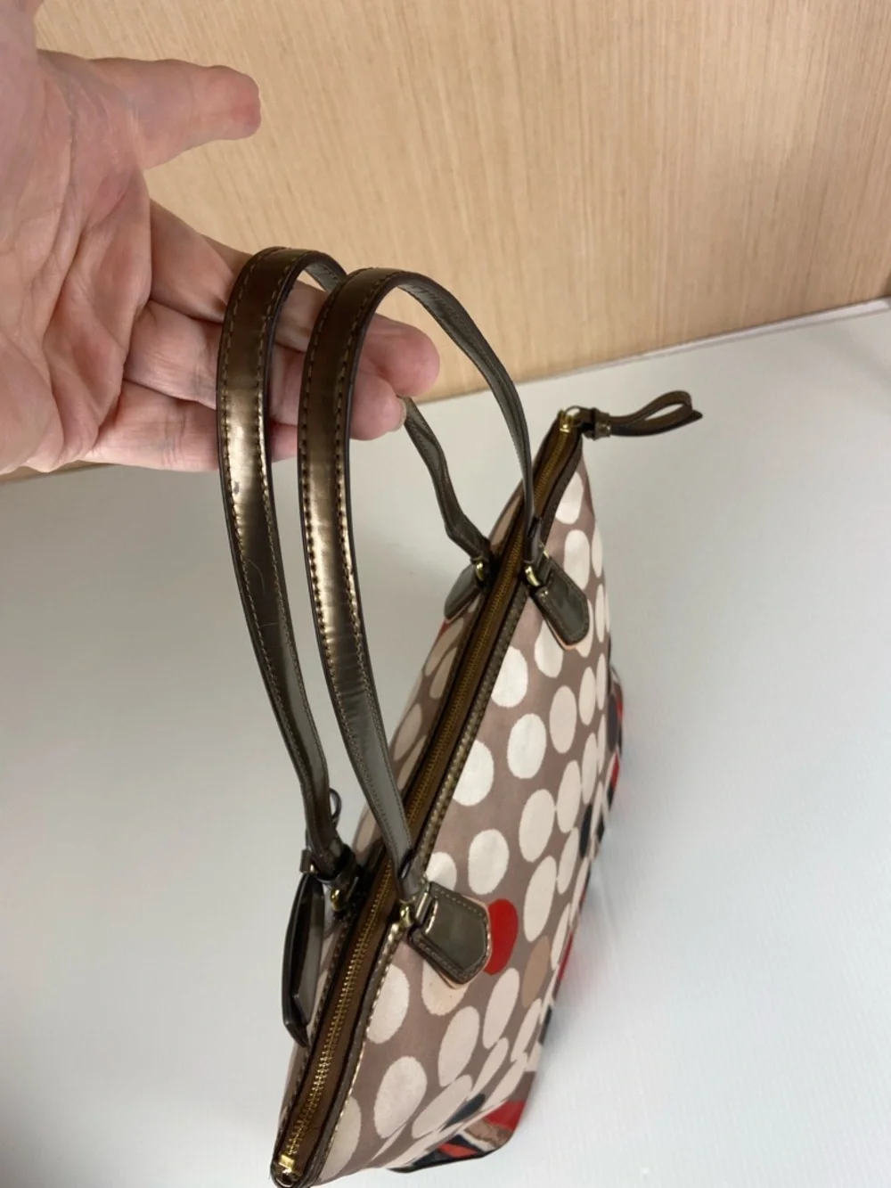 Coach Polka Dot Stripe Tote Satin Scarf Print Leather Trim Red Lining Rare